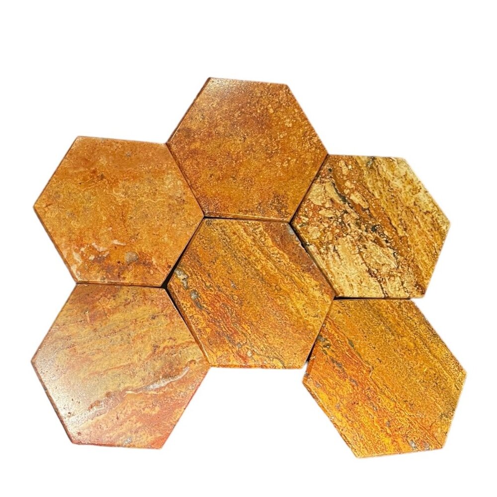 Six Hexagon Marble Coasters Stone Holder Set of 6 Crystals Sedona Travertine Sto
